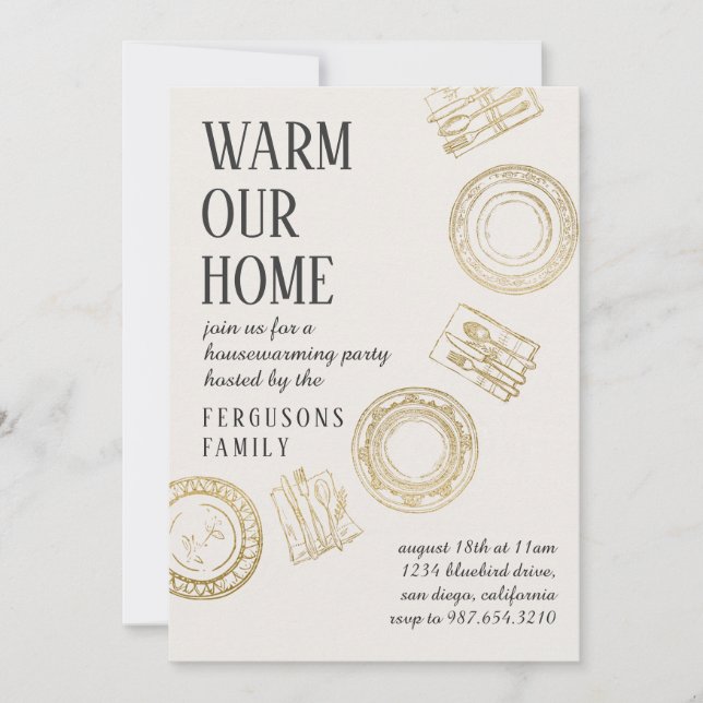 Light Soft Beige Gold Dining House Warming Party Invitation (Front)