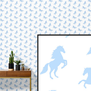 Light Soft Blue Horses on White Wallpaper