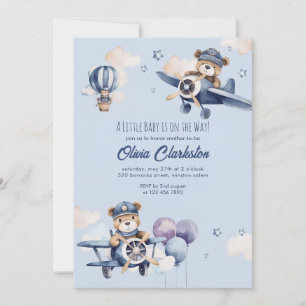 Light Soft Blue Teddy Bear Aircraft Baby Shower  Invitation