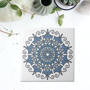 Light Steel Blue Elegant Doily Mandala On White Ceramic Tile