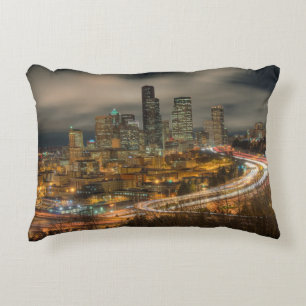 Light streaks from cars at night decorative cushion