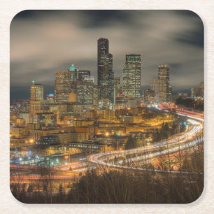 Light streaks from cars at night square paper coaster