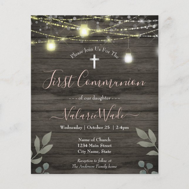 Light String Rustic First Communion Budget Flyer (Front)