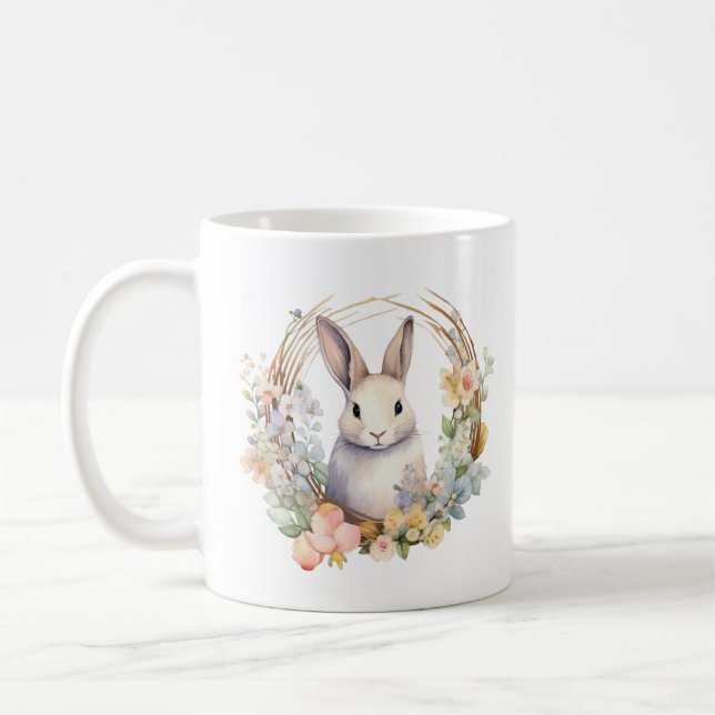 Light Tan Bunny Rabbit with Spring Flowers  Coffee Mug (Left)