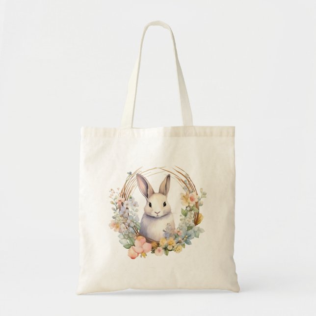 Light Tan Bunny Rabbit with Spring Flowers  Tote Bag (Front)