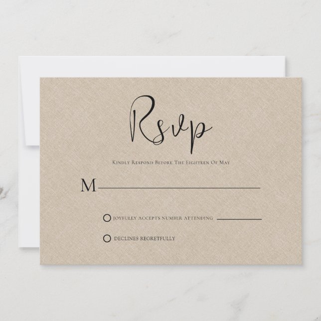 Light Tan Linen Simple Black Script RSVP Card (Front)