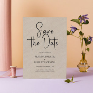 Light Tan Linen Simple Black Script Save The Date Invitation