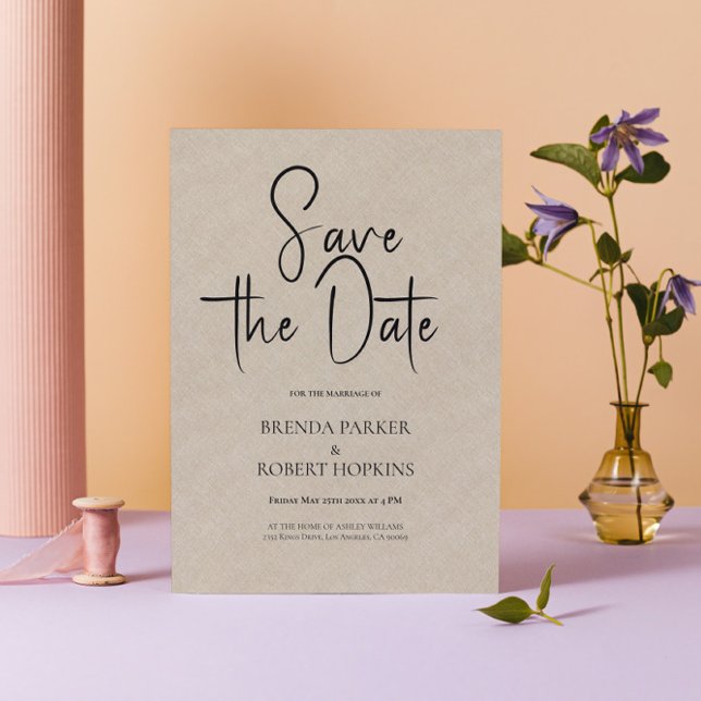 Light Tan Linen Simple Black Script Save The Date Invitation (Creator Uploaded)