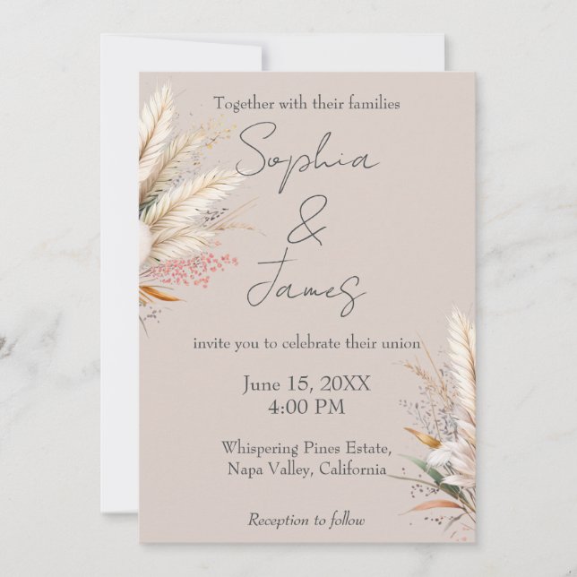 Light Taupe Boho Pampas Grass Wedding Invitation (Front)