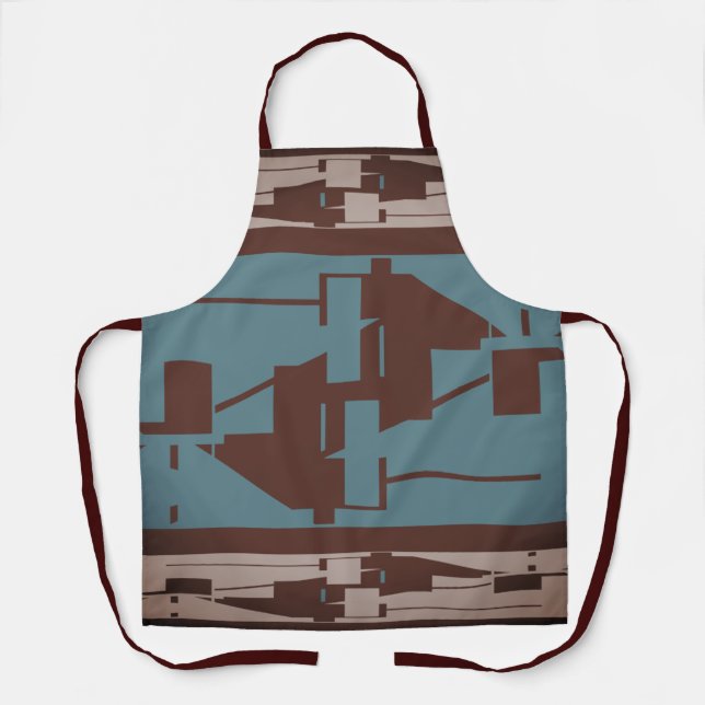 Light Taupe Brown Dark Teal Mediterranean Pattern Apron (Front)