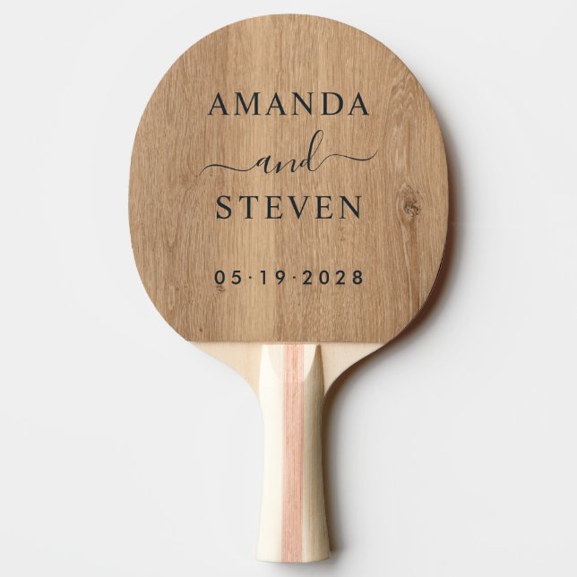 Light Teak Wood Couple Names with Wedding Date Ping Pong Paddle (Back)