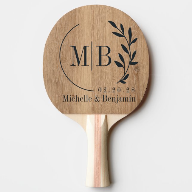 Light Teak Wood Leaf Wedding Monogram Ping Pong Paddle (Back)