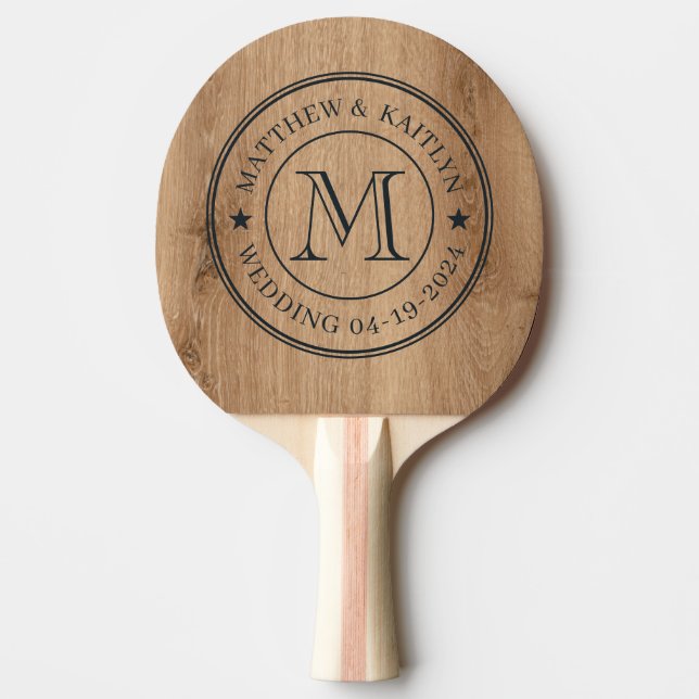 Light Teak Wood Wedding Monogram Star Ping Pong Paddle (Front)