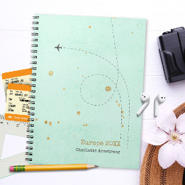 Light Teal Aeroplane Your Name Gold Travel Notebook