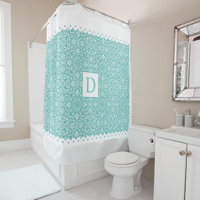 Light teal and white scalloped borders monogram shower curtain (In Situ)