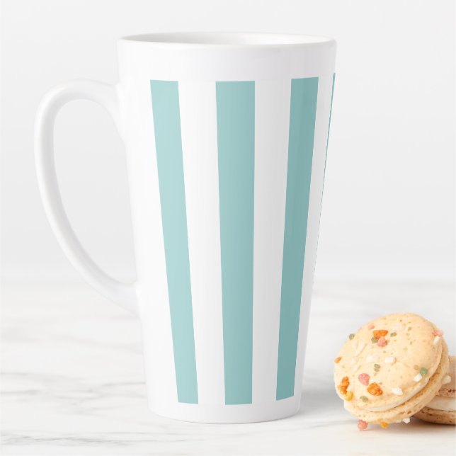 Light Teal and White Vertical Stripes Latte Mug (In Situ)