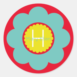 Light Teal and Yellow Flower on Red Monogram Classic Round Sticker
