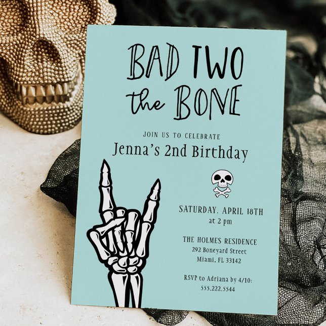Light Teal Bad Two The Bone 2nd Birthday Party Invitation (Creator Uploaded)