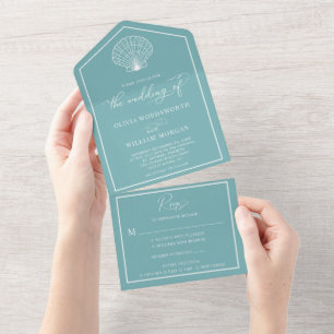 Light Teal Beach Seashell Coastal Wedding All In One Invitation