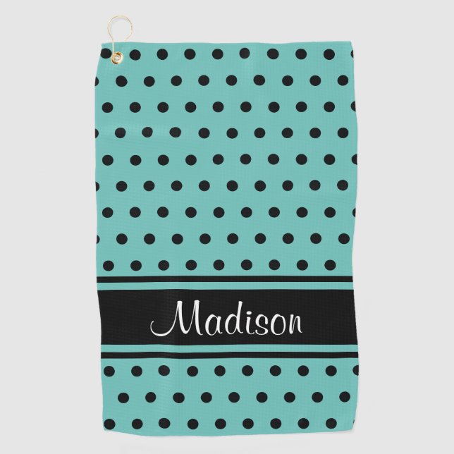 Light Teal Black Stripe Polka Dot Script Name Golf Towel (Front)