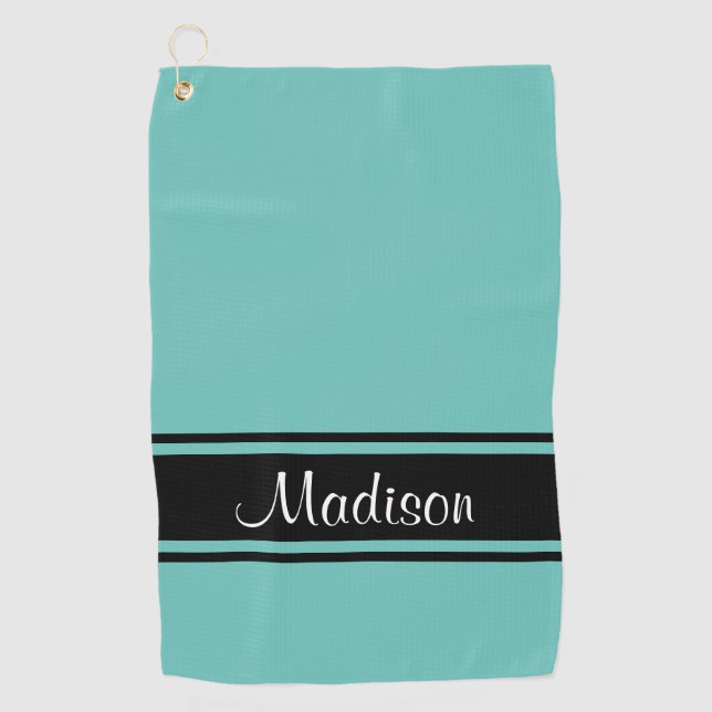 Light Teal Black Stripes Script Name Golf Towel (Front)