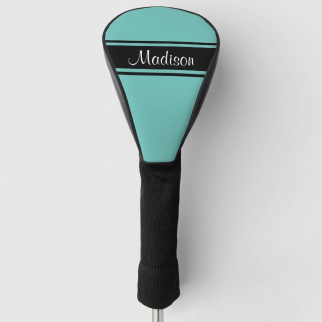Light Teal Black Stripes Script Name Monogram Golf Head Cover (Front)
