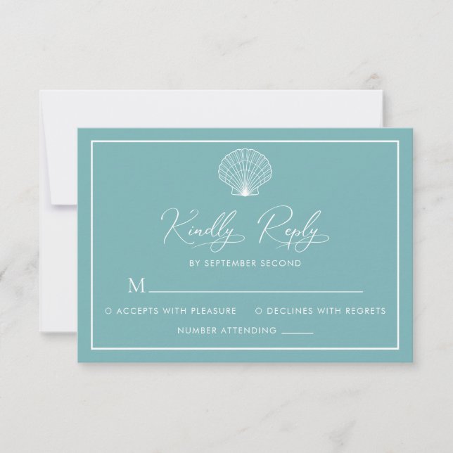 Light Teal Blue Beach Seashell Elegant Wedding RSVP Card (Front)