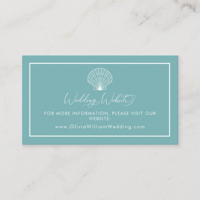 Light Teal Blue Beach Seashell Wedding Website Enclosure Card (Front)