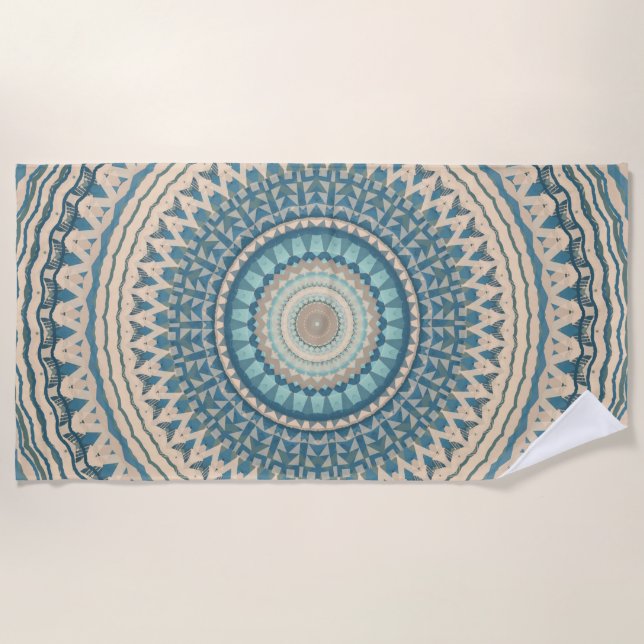 Light Teal Blue Beige Mandala  Beach Towel (Front)