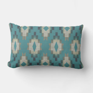 Light Teal Blue Green Taupe Grey Cream Tribal Art Lumbar Cushion