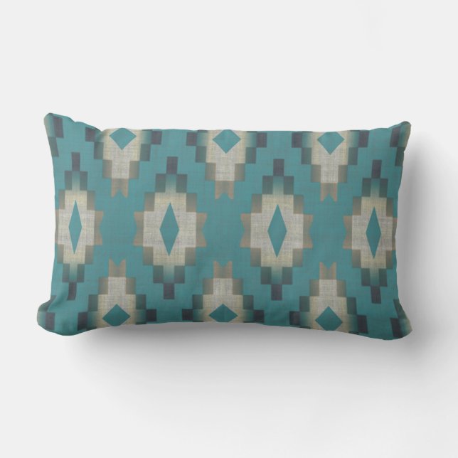 Light Teal Blue Green Taupe Grey Cream Tribal Art Lumbar Cushion (Front)