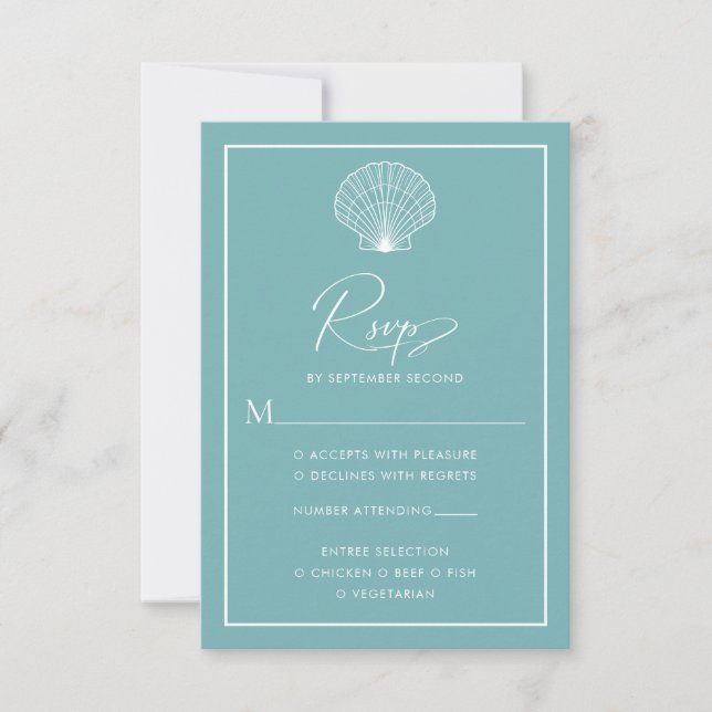 Light Teal Blue Seashell Beach Wedding Elegant RSVP Card (Front)
