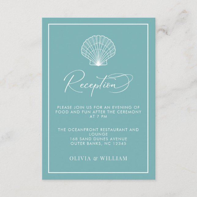 Light Teal Blue Seashell Beach Wedding Reception Enclosure Card (Front)