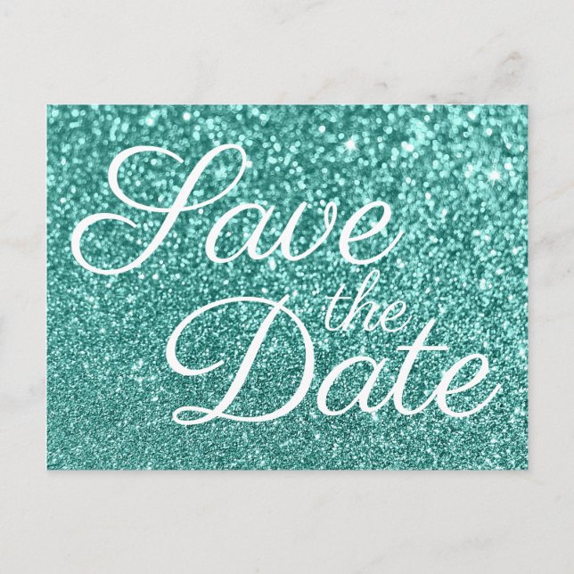 Light Teal Bokeh Glitter Save the Date Postcard (Front)
