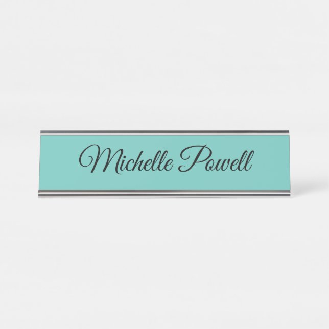 Light Teal Colour Trendy Script Modern Desk Name Plate (Front)