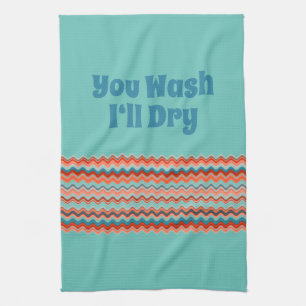Light Teal Coral Salmon Orange Blue Wavy Zigzag Tea Towel