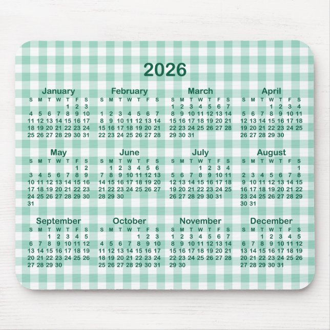 Light Teal Gingham Hunter Green 2026 Calendar Mouse Pad (Front)