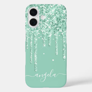 Light Teal Glitter Drips Glam Signature iPhone 16 Case