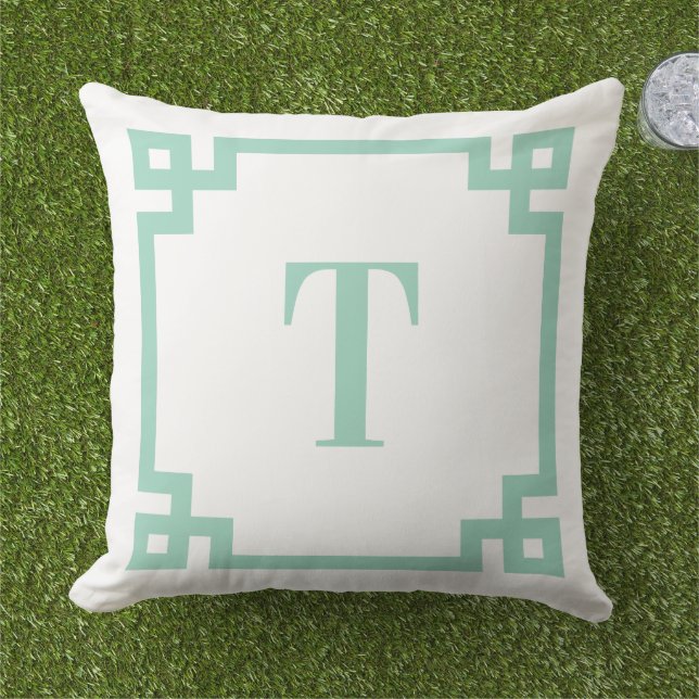 Light Teal Greek Key Border Monogram Cushion (Grass)