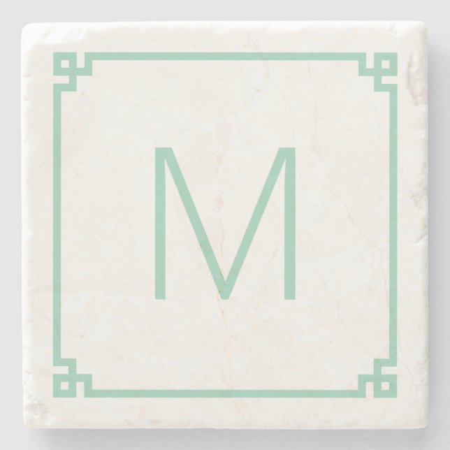 Light Teal Greek Key Border Monogram Stone Coaster (Front)