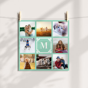 Light Teal Greek Key Monogram 8 Photo Collage Poster
