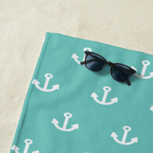 Light teal green anchor white nautical monogram beach towel
