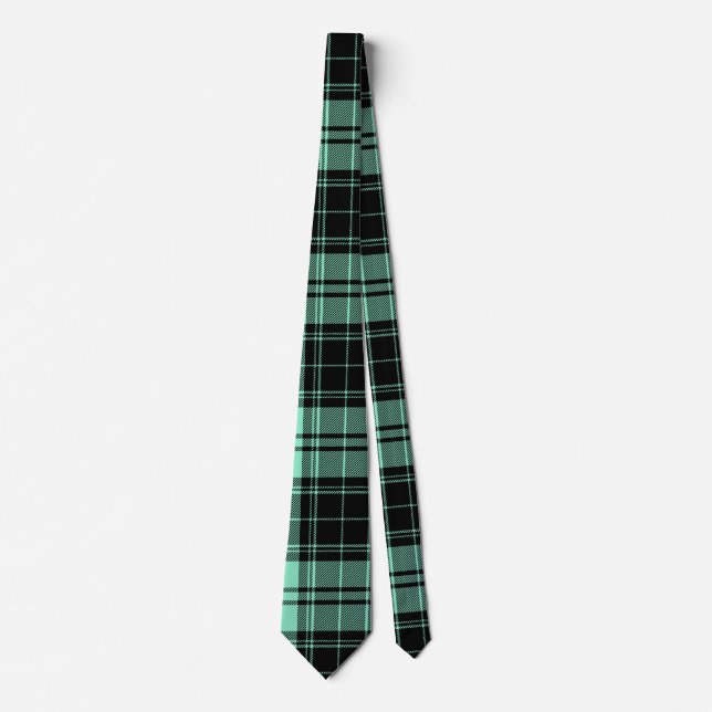 Light Teal Green and Black Tartan Plaid Pattern Tie (Front)