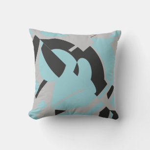Light Teal Grey Black Bold Swirling Abstract Motif Cushion