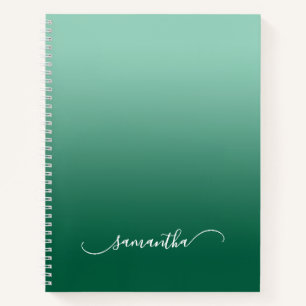 Light Teal Hunter Green Ombre Curved Swash Name Notebook