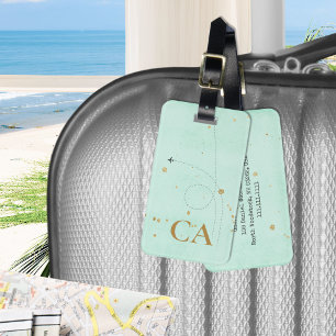 Light Teal Minimalist Monogram Gold Aeroplane Luggage Tag