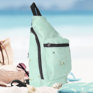 Light Teal Minimalist Monogram Gold Aeroplane Sling Bag