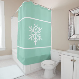 Light Teal Mint White Snowflake Horizontal Stripes Shower Curtain