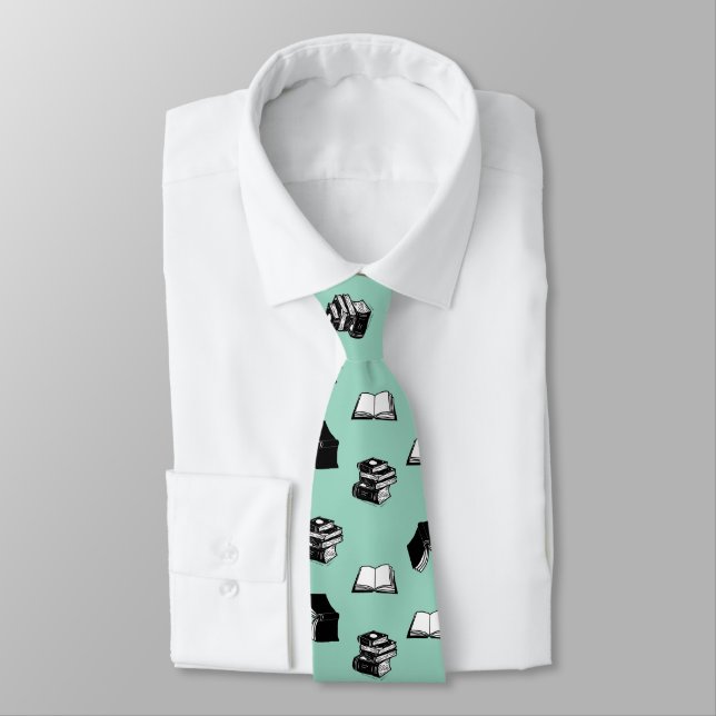 Light Teal Modern Bookish Bibliophile Book Pattern Tie (Tied)