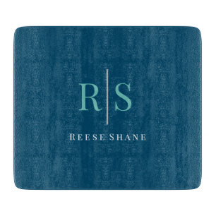 Light Teal Monogram & White Name on Ocean Blue Cutting Board